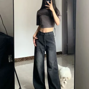 Jeans da donna coreani vintage a vita alta Y2K dimagranti pantaloni a campana dritti larghi a forma di pera pantaloni in denim larghi grigi neri 1