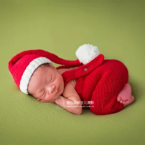 Puntelli per fotografia neonato Cappello Abito natalizio Lavorato a maglia Babbo Natale Pompon all'uncinetto Pagliaccetto per neonato Tuta Servizio fotografico Studio 1
