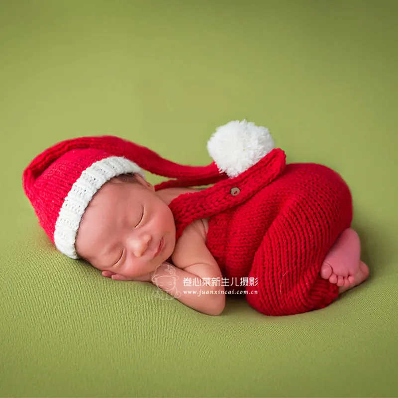 Puntelli per fotografia neonato Cappello Abito natalizio Lavorato a maglia Babbo Natale Pompon all'uncinetto Pagliaccetto per neonato Tuta Servizio fotografico Studio 1