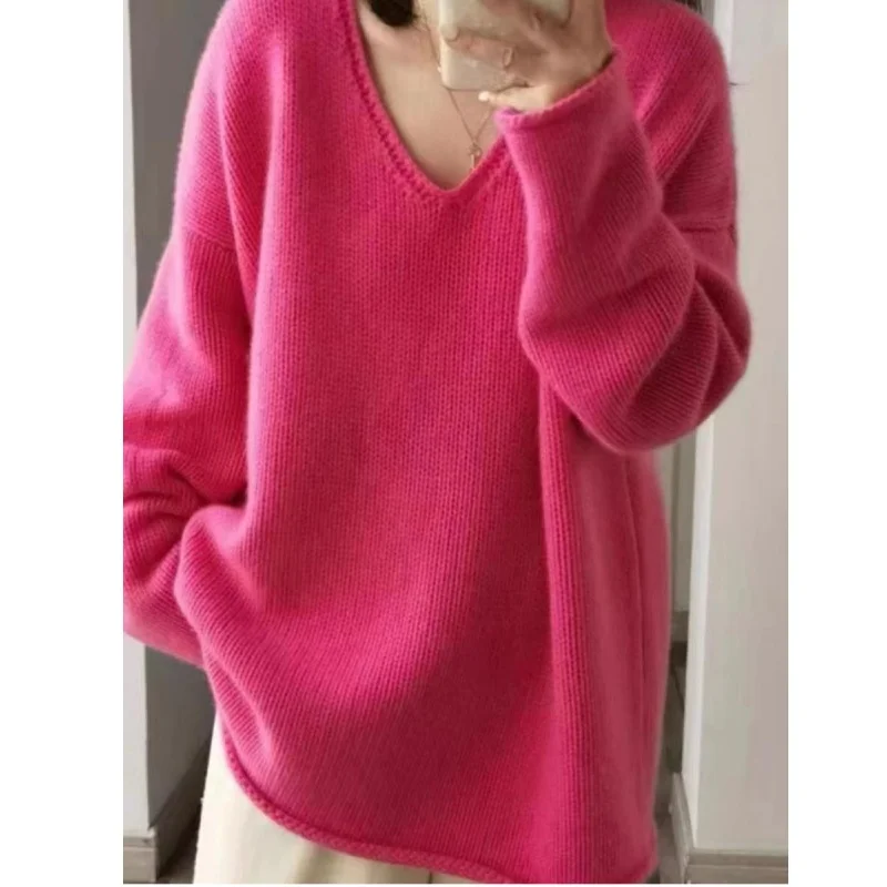 Autunno e Inverno Nuovo 100% Lana e Cashmere Maglione da Donna con Scollo a V Pullover Lavorato a Maglia Allentato Moda Top da Donna di Vendita Caldo 2