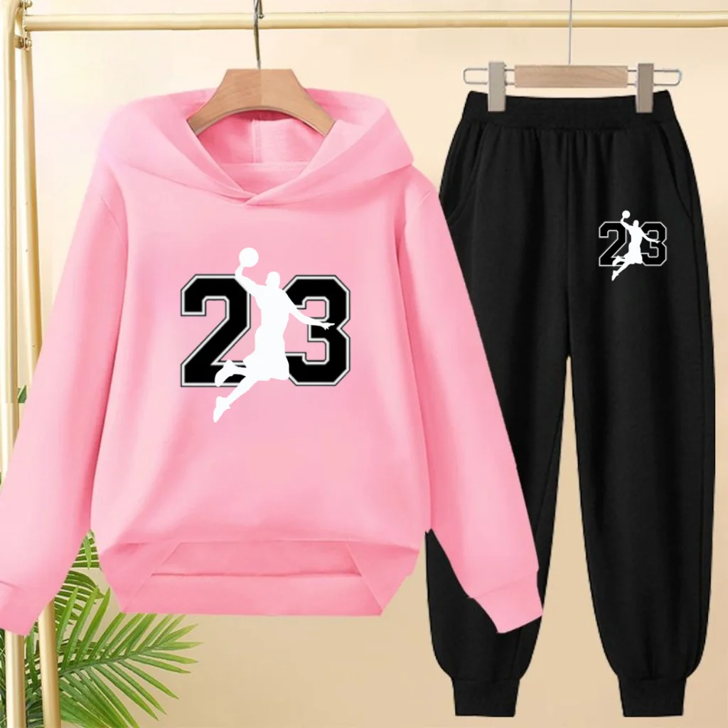Abbigliamento autunno inverno per bambini numero 23 Felpa con cappuccio da basket Ragazze Boy3-12Yrs Cappotto Felpa casual + Pantaloni Set da 2 pezzi Set sportivo 3