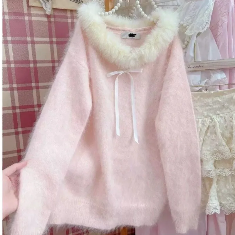 Maglioni coreani rosa dolce da donna eleganti con spalle scoperte camicie Kawaii carine maniche lunghe femminili pullover casual bianchi inverno 2025 1