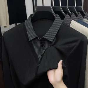 Falsi due maglioni lavorati a maglia per uomo 2025 New Business Casual T-shirt a maniche lunghe Camicia a righe Colletto Maglione Autunno/Inverno 1
