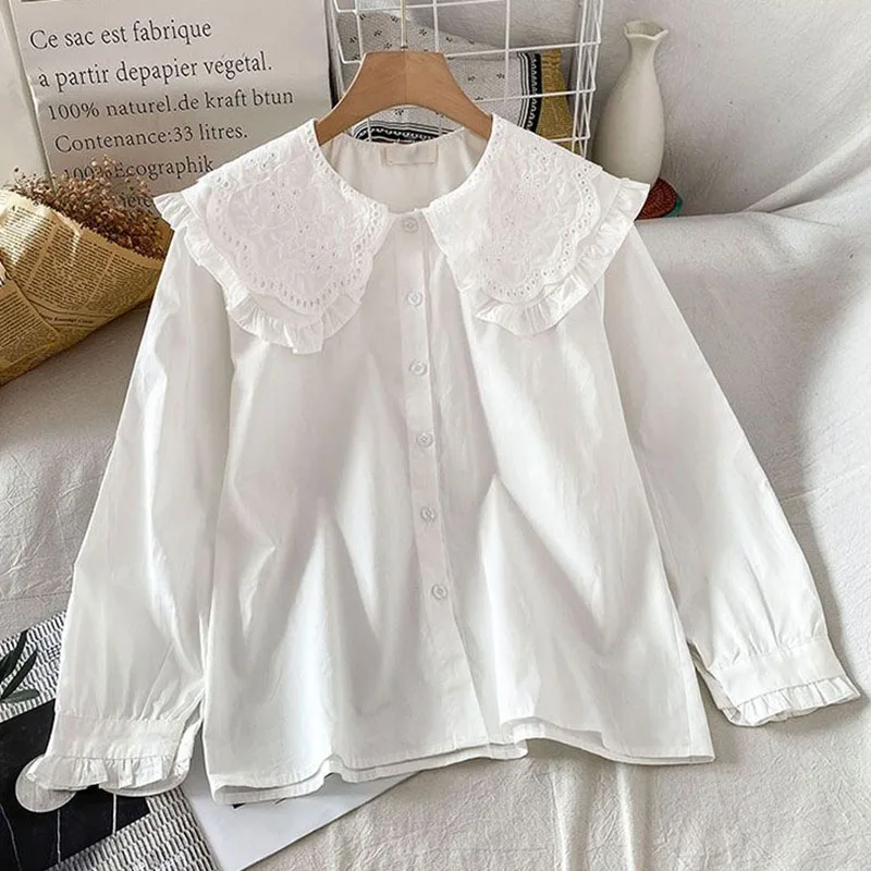 Camicia bianca con colletto alla Peter Pan stile preppy Donna Primavera Estate Manica lunga Camicette casual allentate per studenti Camicie abbottonate Kawaii 2