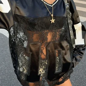 WLWXR Europa e America Sexy Lettera Stampa Pizzo Impiombato Trasparente Scollo a V T-shirt abiti da club per le donne 2025 1