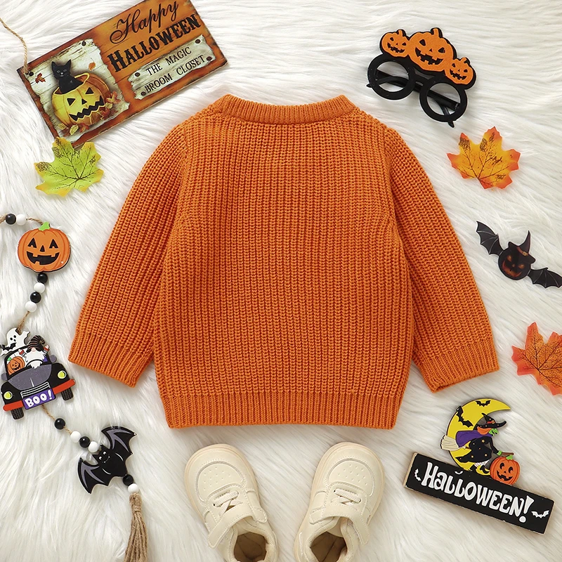 Arancione Zucca di Halloween Lavorato a maglia Neonati maschi Maglioni Vestiti Inverno Neonato Maglieria Pullover Top 1-3Y Abbigliamento per bambini 2