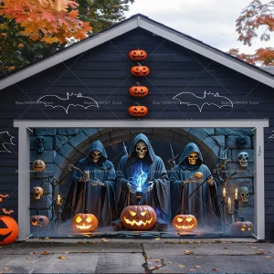 Horror Scheletro Zucca Halloween Porta del garage Banner - Grande sfondo per decorazioni da parete per esterni Sfondo per celebrazioni di feste di Halloween 1