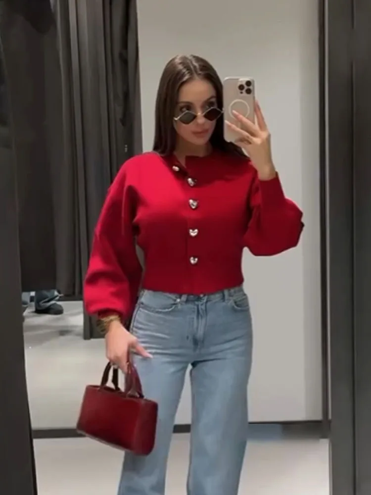 HH Moda Donna Solid Top Bottoni a forma di cuore Cardigan Donna Primavera Casual Manica lunga O-Collo Maglioni lavorati a maglia Cappotti 4