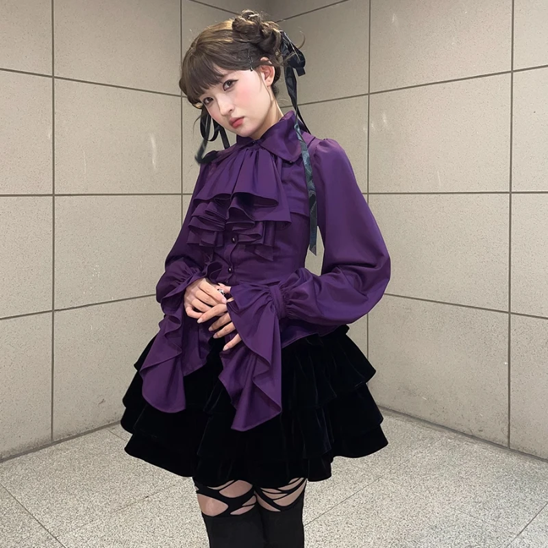 Lolita Dolce Camicetta con maniche svasate Y2k Estetica Ruffle Grunge Camicia aderente Top Donna Harajuku Monopetto Vintage Blusas 5