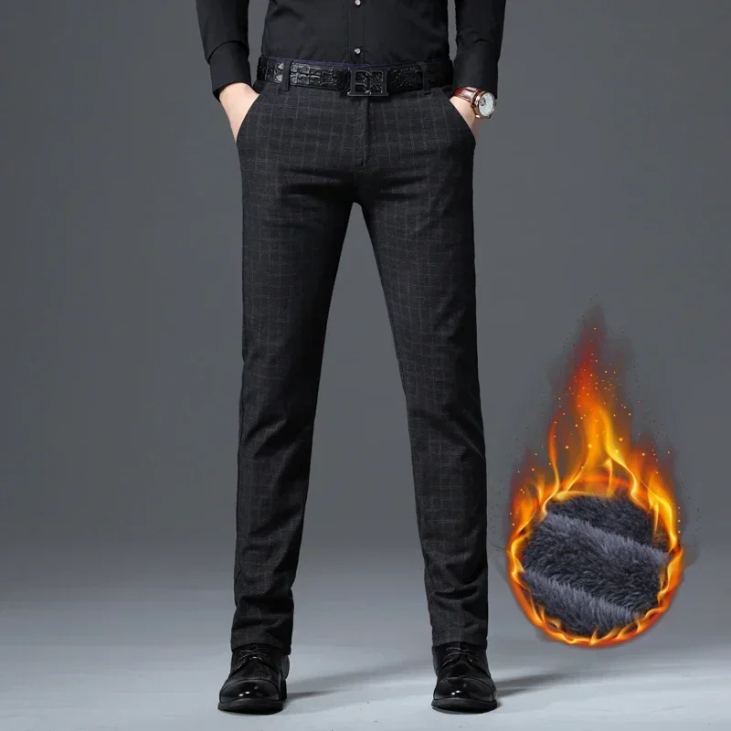 Pantaloni in pile da uomo invernali nuovi pantaloni da lavoro casual alla moda scozzesi elasticizzati dritti più spessi abbigliamento di marca maschile blu nero 6
