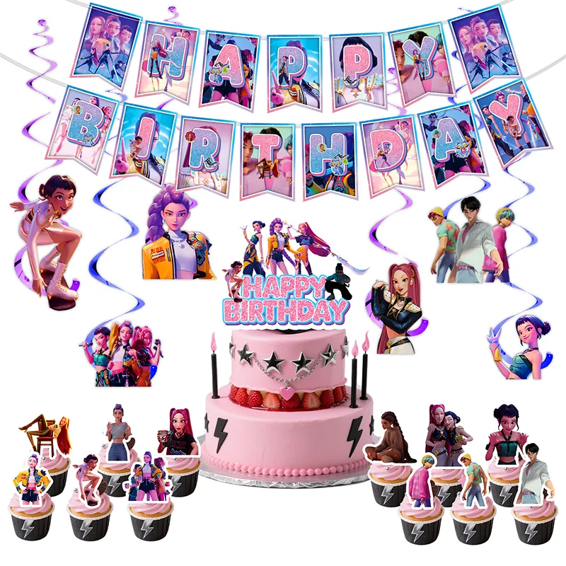 Kpop Demon Hunters Decorazione di compleanno Festa a tema Kit di stoviglie Tazze Piatto Tovaglioli Sfondo Banner Compleanno per ragazze Deco Forniture 3