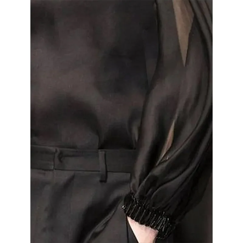 TAKO Office Lady Mesh T-shirt 2025 Plus size Tinta unita Trasparente Manica lunga Stand Neck Abbigliamento da lavoro Pullover Top 137826 2