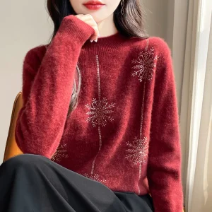 Maglione da donna stile natalizio collo a lupetto manica lunga autunno inverno pullover caldi spessi camicie con fondo allentato lavorato a maglia maglione rosso 1