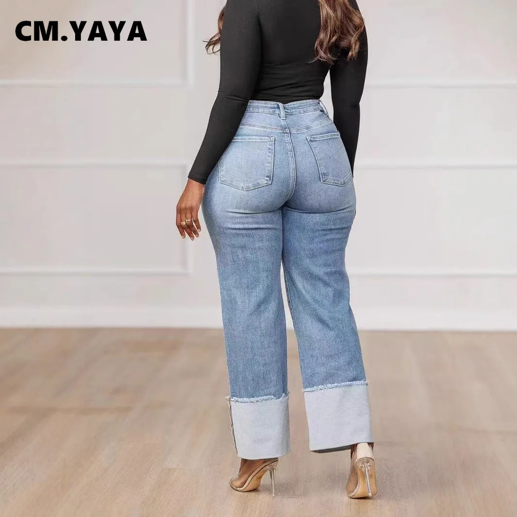 CM.YAYA Pantaloni jeans a gamba larga patchwork in denim lavato dritto da donna streetwear 2025 Pantaloni da festa strappati alla moda primaverile 3