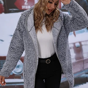 2025 Giacca in peluche a maniche lunghe autunno inverno donna cappotto casual solido con cappuccio spesso grigio cappotto con cerniera tascabile caldo allentato elegante da donna 1