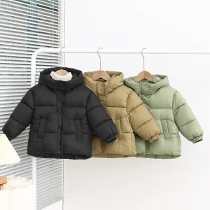 Piumini per bambini Ragazzi Cappotti spessi e caldi Bambini Capispalla invernale con cappuccio Ragazze Moda Parka tinta unita Nuovi vestiti per bambini 1