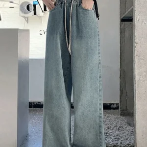 Botvotee Jeans a gamba larga a vita alta con elastico in vita per donna Pantaloni lunghi in denim blu dritti larghi Jeans streetwear moda femminile 1