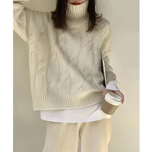 Dolcevita twist addensato maglione di puro cashmere al 100% maglione allentato da donna camicia con fondo in maglia vento pigro 1