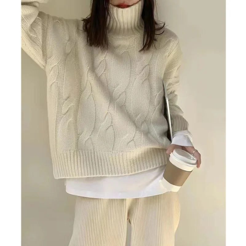 Dolcevita twist addensato maglione di puro cashmere al 100% maglione allentato da donna camicia con fondo in maglia vento pigro 1