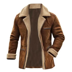2025 Cappotto da uomo in shearling scamosciato vintage, giacca di media lunghezza foderata in pile con tasche con cerniera, colletto inverso e pelliccia di lana calda 1