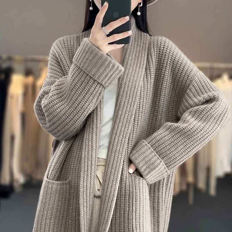 Cappotto maglione cardigan lungo con risvolto largo con torsione spessa Cappotto da donna stile pendolare primaverile e autunnale 4
