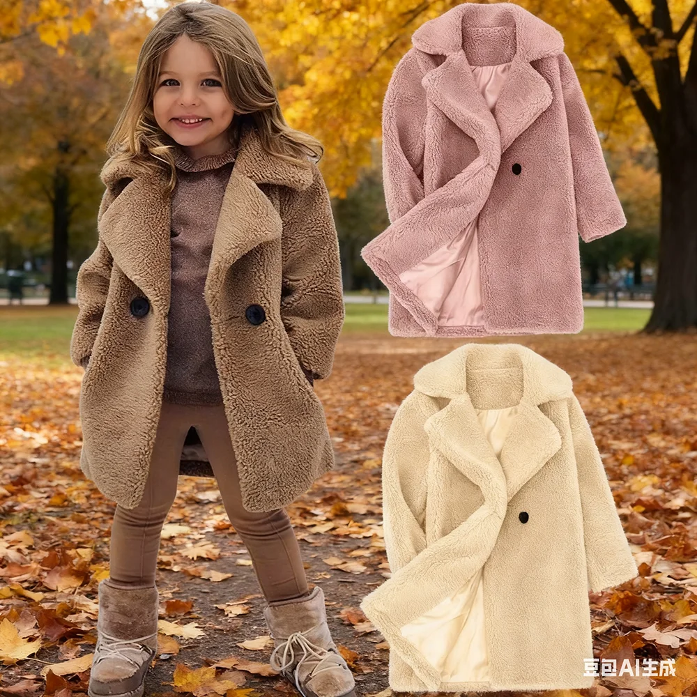 Giacca da ragazza in pile di agnello Autunno Inverno Nuove ragazze Stile lungo Tinta unita Giacca a vento con risvolto caldo spesso per soprabito da ragazza 2-6 anni 1