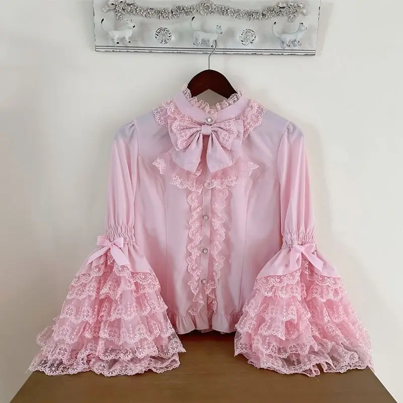 Camicia Lolita gotica e dolce - Camicetta arricciata a maniche lunghe per abiti JSK, top in pizzo per bambole Kawaii con maniche a sbuffo in rosa/bianco 4