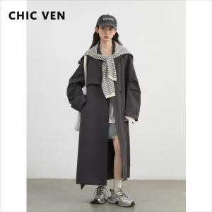 CHIC VEN Moda Donna Trench Cappotto monopetto Allentato Casual Nuova cintura Lunga Giacca a vento femminile Cappotto da donna Primavera Autunno 2025 1
