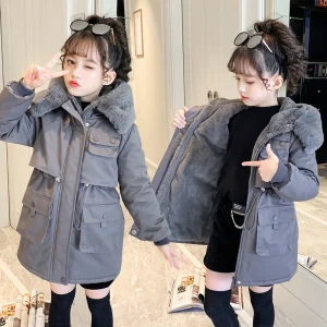Giacca invernale calda in peluche per ragazze 5-14 anni Cappotto in cotone con cappuccio in vita con coulisse e collo in pelliccia Cappotto antivento Capispalla per bambini 1