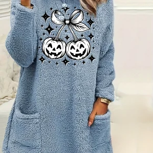 Felpa in pile da donna taglie forti Bowknot maschera di zucca stampata girocollo morbido maglione caldo pullover invernale casual a maniche lunghe 1