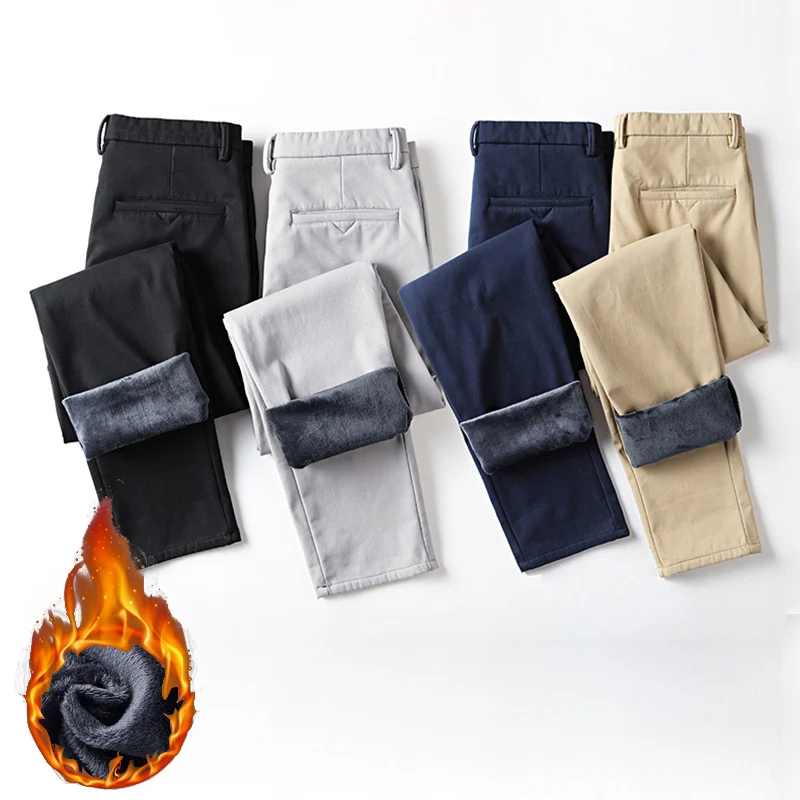 Pantaloni invernali da uomo casual stile classico da lavoro in peluche caldi pantaloni di pelliccia spessi regolari pantaloni formali dritti elastici in pile maschile 2