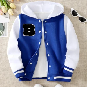 1 pezzo Tween Boy Giacca sportiva casual con cappuccio in pile colorblock con lettera ricamata, autunno/inverno 1