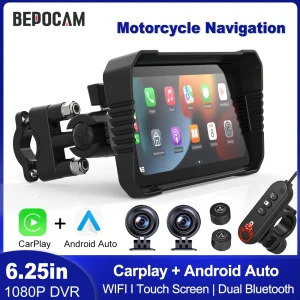 BEPOCAM 5 "/6.25" Navigazione GPS per Moto DVR Schermo Carplay per Moto Doppia Fotocamera Registratore di Azionamento IPX7 Impermeabile Moto Monitor 1