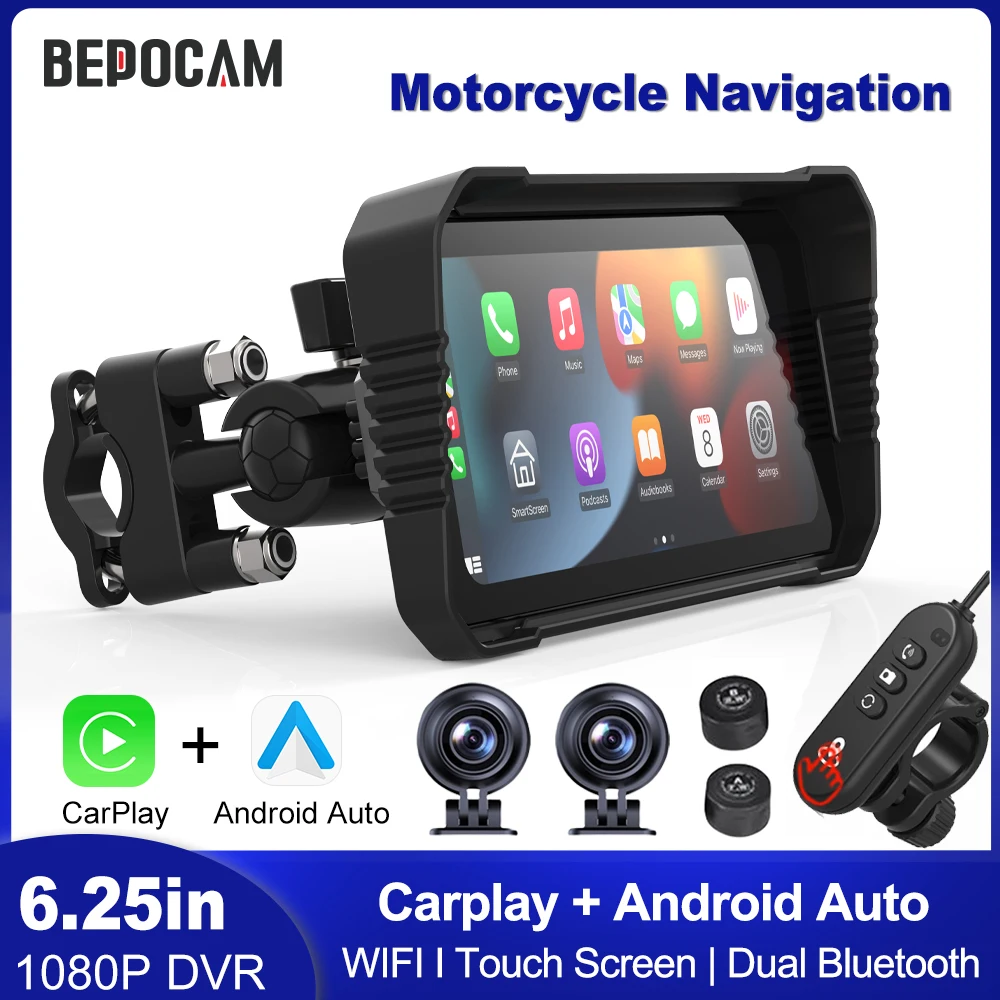 BEPOCAM 5 "/6.25" Navigazione GPS per Moto DVR Schermo Carplay per Moto Doppia Fotocamera Registratore di Azionamento IPX7 Impermeabile Moto Monitor 1