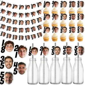 Personalizzato 18 21 35 45 55 anni Festa di compleanno Faccia Carta fotografica Banner Torta Topper Adesivi di paglia Decorazioni per feste di anniversario 1
