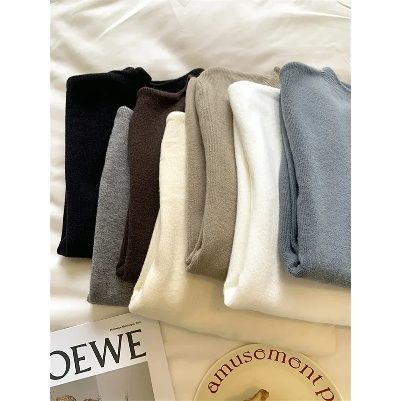 Semplice morbido tinta unita collo mezzo alto maglione lavorato a maglia strato base da donna autunno inverno caldo ed elegante camicia lavorata a maglia slim fit 4