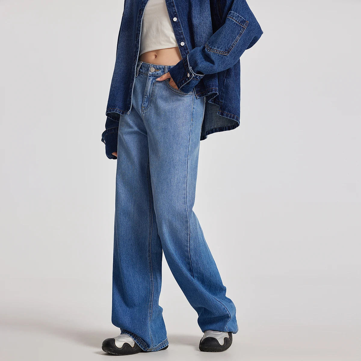 Metersbonwe Jeans denim a gamba dritta sfumati lavati da donna Pantaloni dimagranti a vita alta non elasticizzati Autunno Inverno Pendolari 3