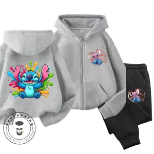 Carino Diensy Stitch Bambini Sport Tuta con cerniera Kawaii Stitch Maglione Anime Kuromi Stitch Bambini Felpa con cappuccio Pantaloni sportivi Set Ragazza regalo 1