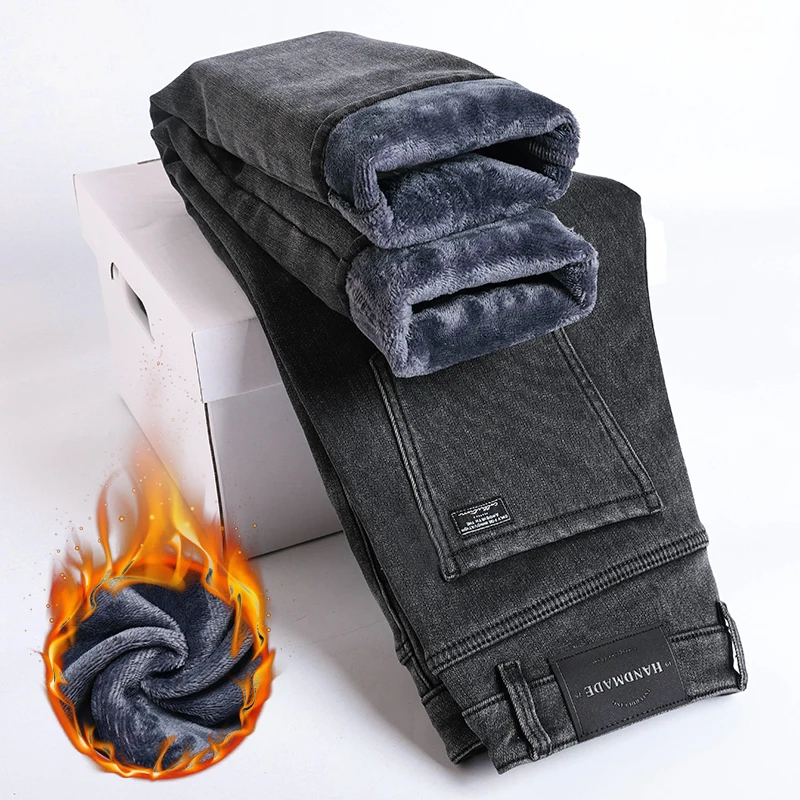 Jeans caldi spessi in pile invernale Pantaloni in denim elastici dritti slim da uomo Abbigliamento casual maschile Pantaloni in peluche alla moda 2