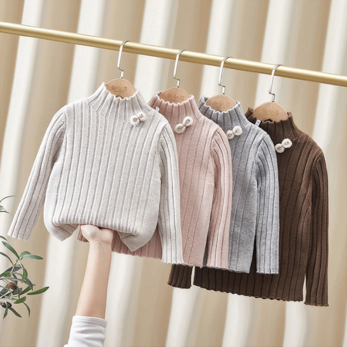 Abiti invernali per bambini e ragazze, pullover lavorato a maglia con fiocco caldo, top per bambini, maglione T-shirt slim fit con ago piatto in stoffa per ragazze 5