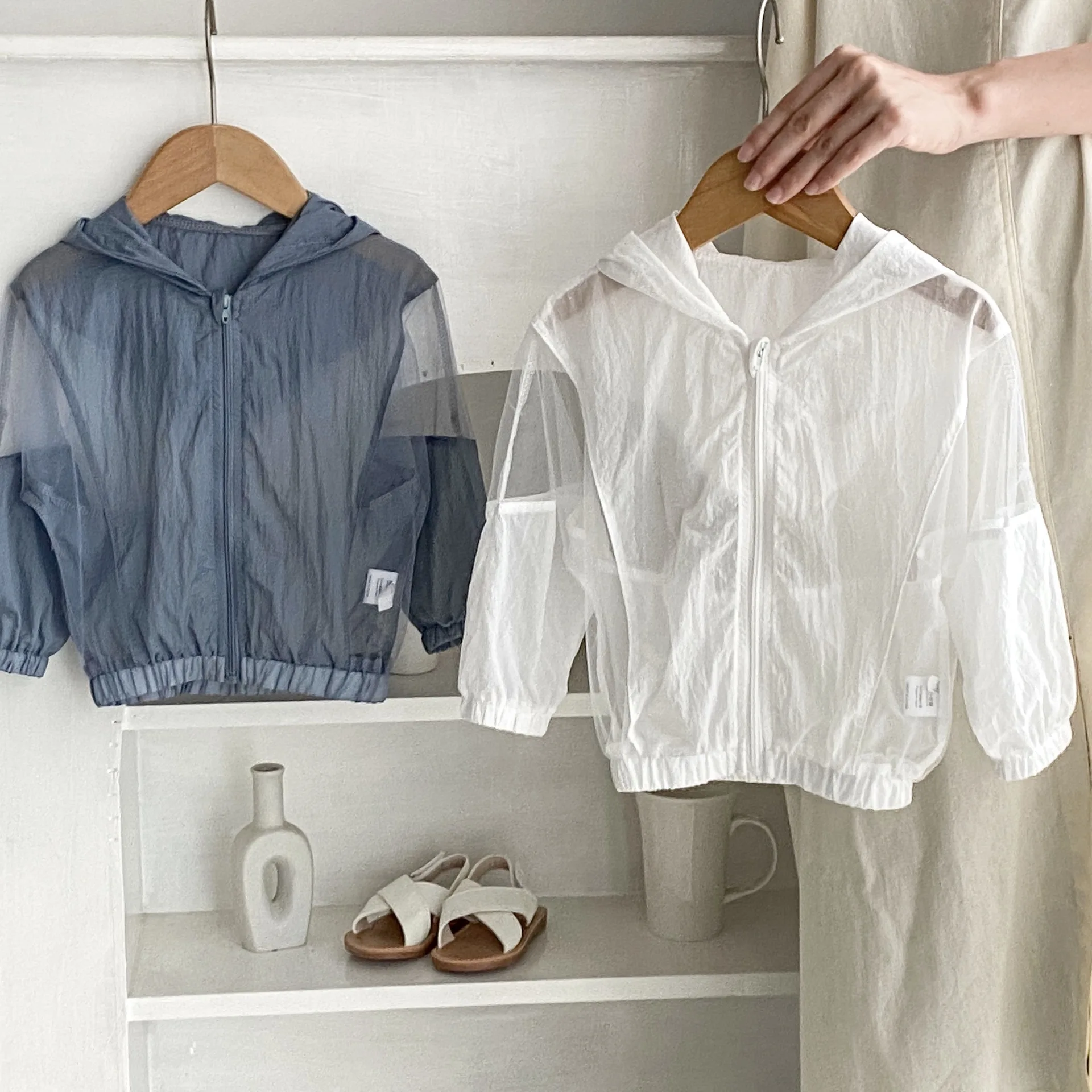 Estate 0-3 Bambino Versatile Maglia con cappuccio Impiombato Tinta unita Cerniera Protezione solare e camicia traspirante per aria condizionata Cappotto piccolo 4