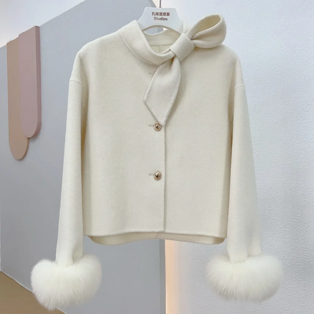 Cappotto di lana donna 2024 nuovo inverno naturale pelliccia di volpe polsino Outwear cappotto femminile Cashmere lana lana donna giacca di lusso 1