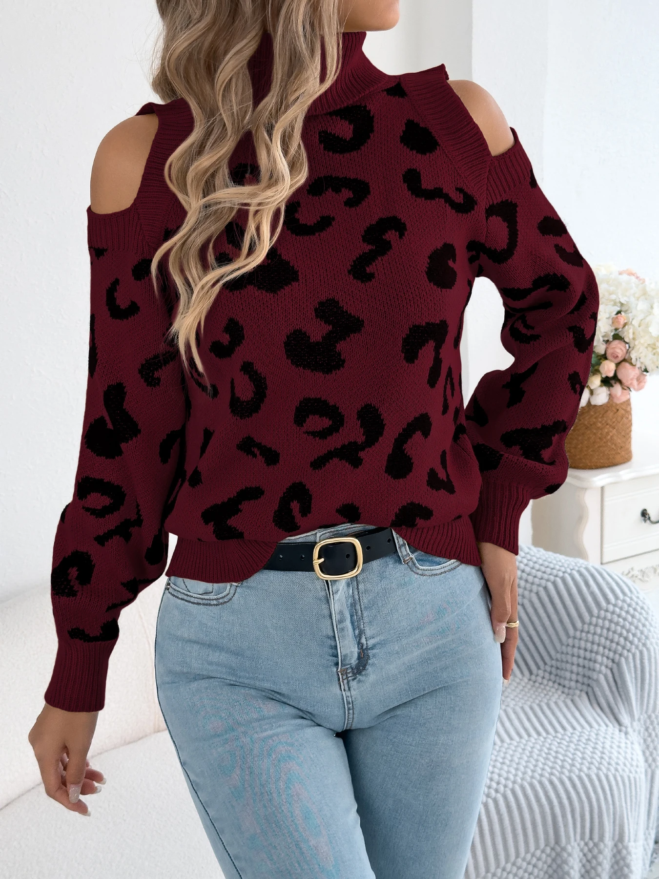 Top da donna con stampa leopardata con spalle scoperte 2025 Maglioni lavorati a maglia a maniche lunghe con lanterna a collo alto casual per l'autunno inverno rosa kaki 5