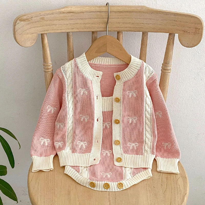 Autunno bambini vestito lavorato a maglia neonate abbigliamento Set fiocco ricamato Cardigan lavorato a maglia + tuta neonate vestiti vestito 4