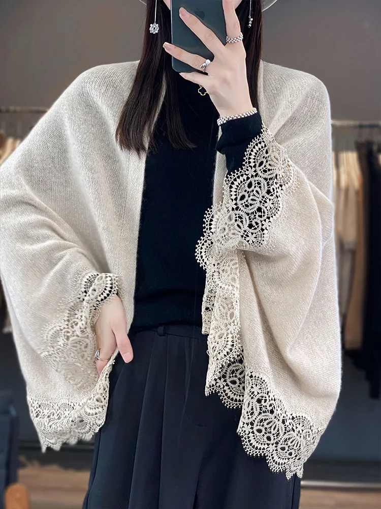 Nuove donne 100% lana merino cardigan sottile morbido cashmere maglieria pizzo mantello grazia morbido scialle sciarpa primavera autunno top abbigliamento 1