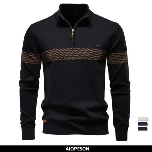AIOPESON Maglione termico da uomo Mezza zip Pullover lavorato a maglia Spessore caldo design a righe misto lana Cavo lavorato a maglia Top casual da esterno 1