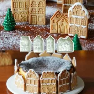 4 pezzi di pan di zenzero di Natale modello di casa taglierina per biscotti timbro per biscotti decorazione per torta fondente accessori per la cottura gadget da cucina 1