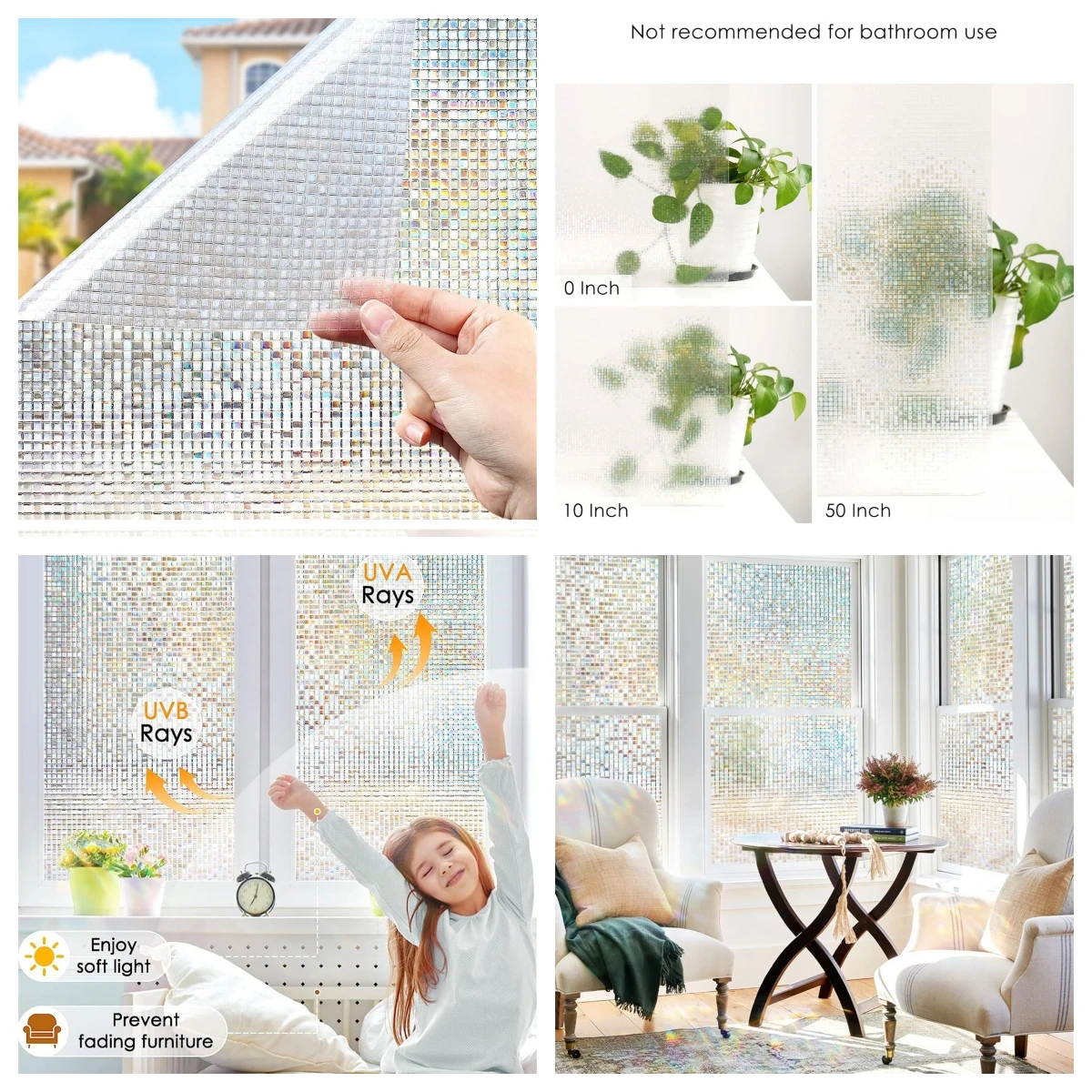 Pellicola per privacy per finestre smerigliata larga 75/90 cm, pellicole per vetri non adesive per finestre, adesivi per finestre rimovibili ad aggancio statico per il controllo del calore 3