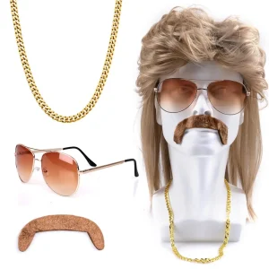 Parrucca da mulinello da uomo anni '80 Parrucca anni '80 Accessori Rocker Occhiali da sole Collana Costume di Halloween Barba Anni '80 Festa degli anni '90 lunga/mullet/marrone 1