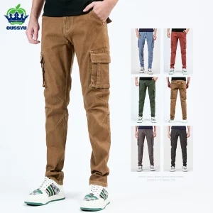 2025 Nuovo Autunno Inverno Cotone Jeans Skinny da uomo Tasca Khaki Denim Pantaloni Cargo Lavoro Rosso Verde Tuta Slim Pantaloni Maschili 1